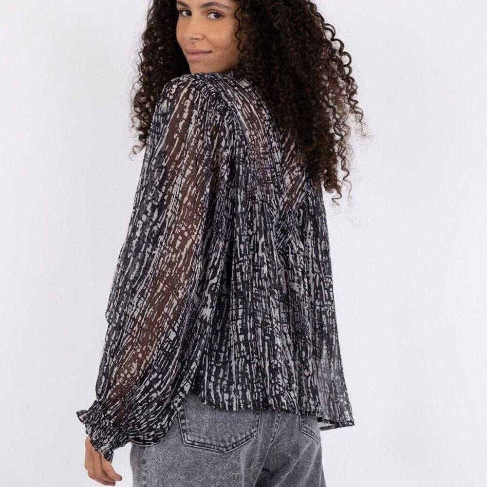 Neo Noir Flavi Graphic Drop Blouse Top Smocked Shirt Ruffle Sheer XS 34 278256